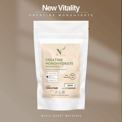Container of New Vitality Creatine Monohydrate powder. Labeled as 5000mg per serving, promoting muscle strength, power output, and faster recovery.