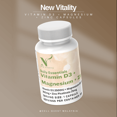 Bottle of Vitamin D3 + Magnesium + Zinc capsules, labeled as a daily essential supplement for bone health, immunity, and relaxation support. Contains 90 plant-based capsules with 2000 IU of Vitamin D3, 200mg Magnesium Glycinate, and 25mg Zinc Picolinate.